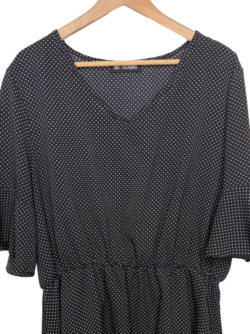 OMT Fashions Polka Dot Peplum Blouse Size 1X Black White Flutter Sleeve - Picture 2 of 10